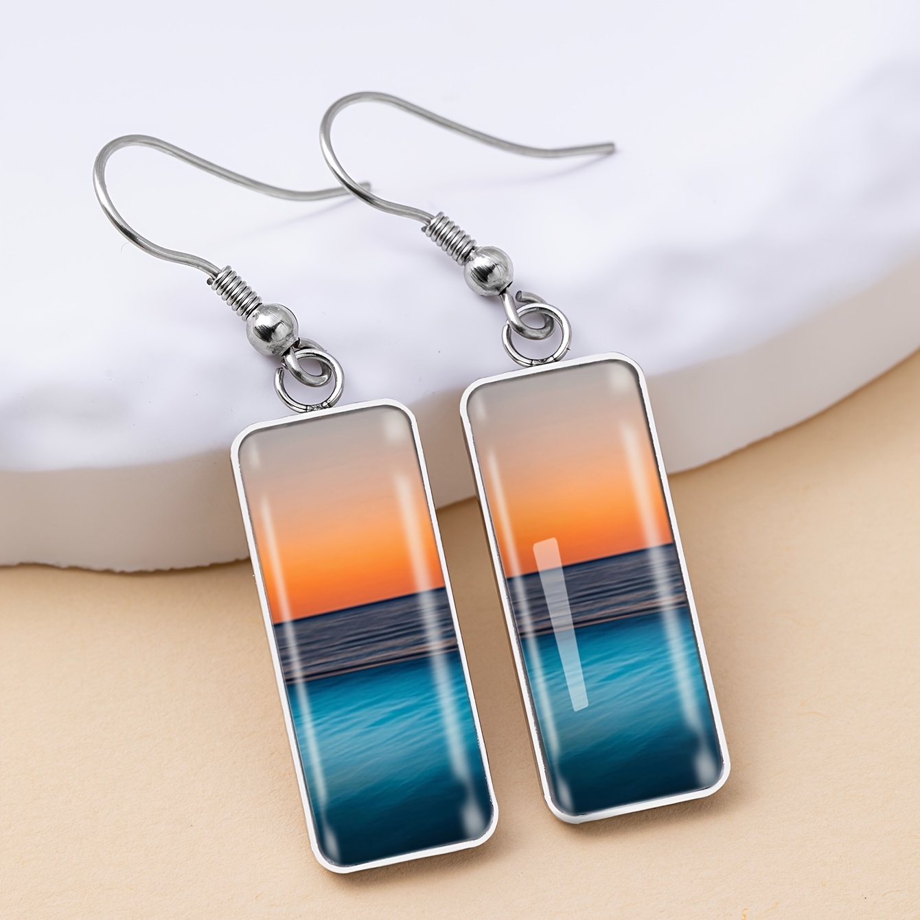 Women's Ocean Sunset Scenery Pattern Long Earrings, Stainless Steel